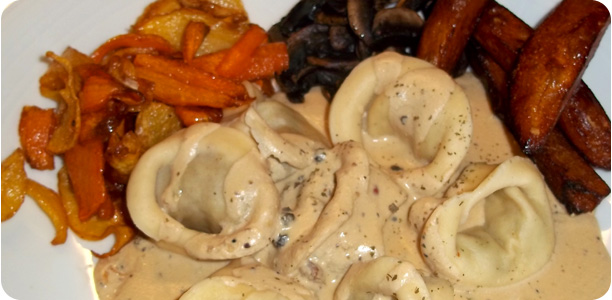 Haggis Tortellini, Neep and Carrot Crisps and Tattie Wedges Recipe